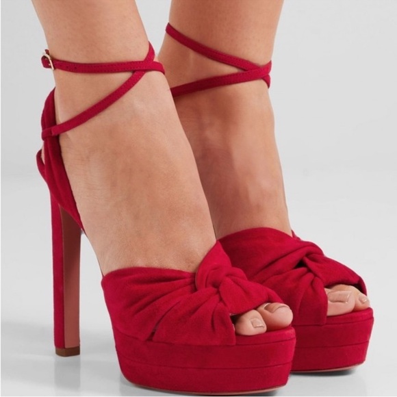 Aquazzura - Cherry Red Suede Knotted Stacked Heels - size 38.5 - Gorgeous